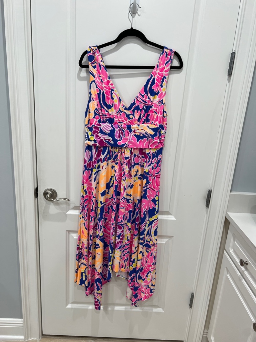 Lilly Pulitzer Pink Navy Yellow Floral Midi Dress with V-Neck